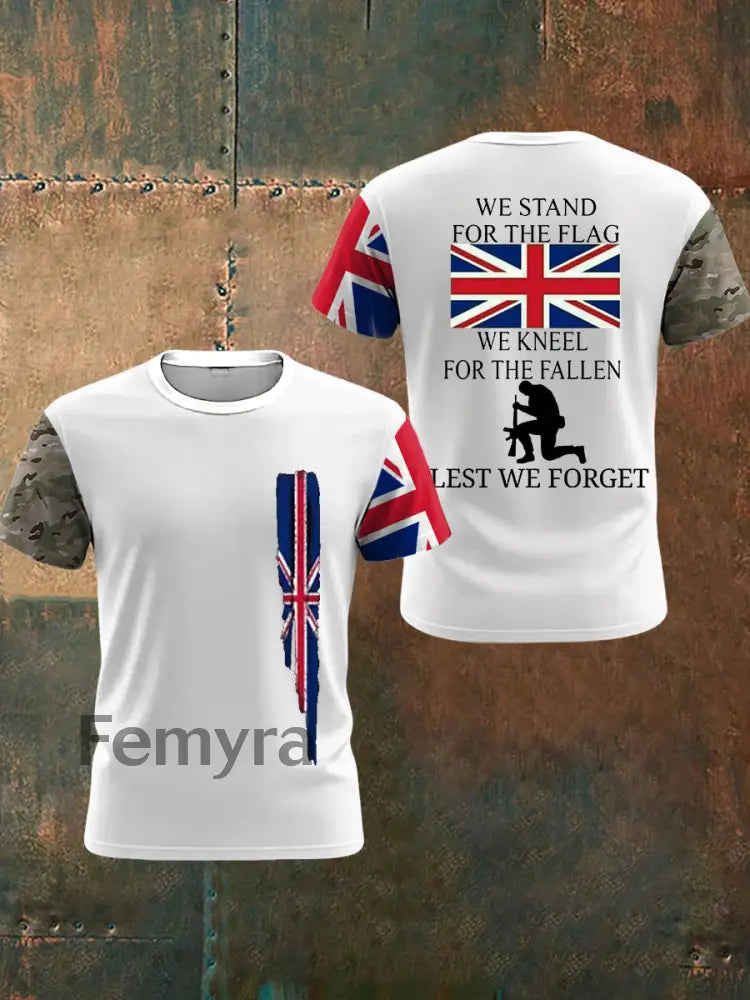 Men’s We Stand For The Flag We Kneel For The Fallen Lest We Forget UK Flag Camouflage Print Casual Tee White / S