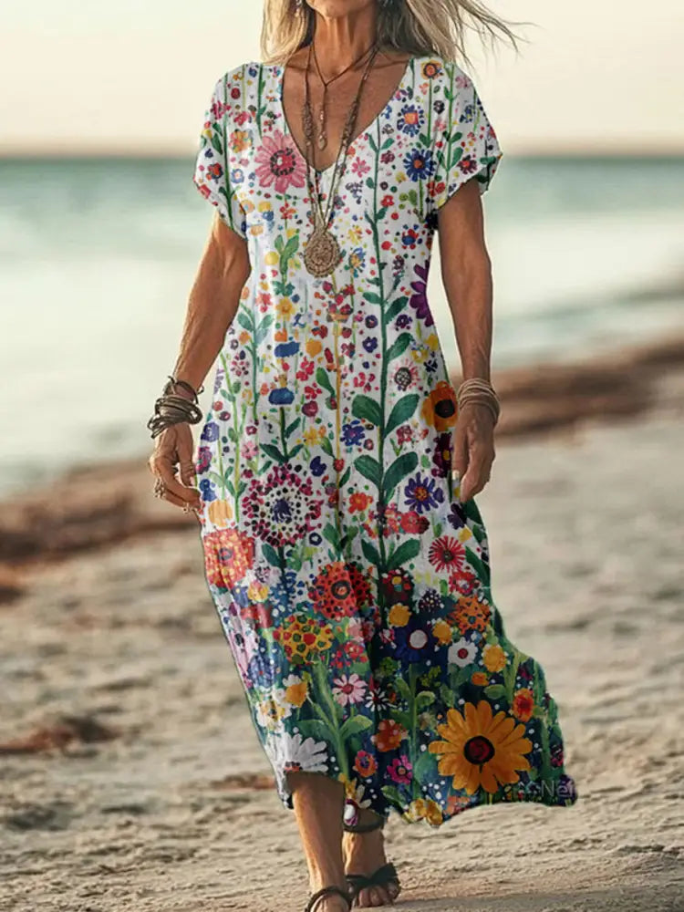 Printed V-Neck Elegant Chic Loose Long Sleeve Maxi Dress Colorful / S