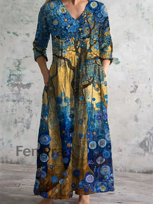 Retro Art Print Chic V-Neck Three-Quarter Sleeve Elegant Midi Dress A / S