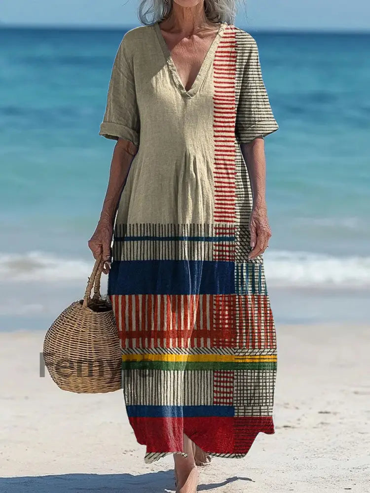 Retro Boho Art Printed V-Neck Vintage Loose Short Sleeves Midi Dress A / S