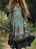 Retro Boho Floral Art Print Vintage Chic V-Neck Long Sleeve Midi Dress A / S