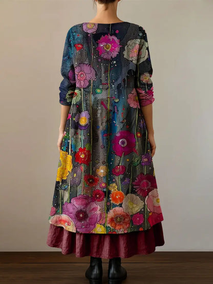 Retro Boho Floral Botany Print Vintage V-Neck Double Hemline Cotton Long Sleeve Midi Dress