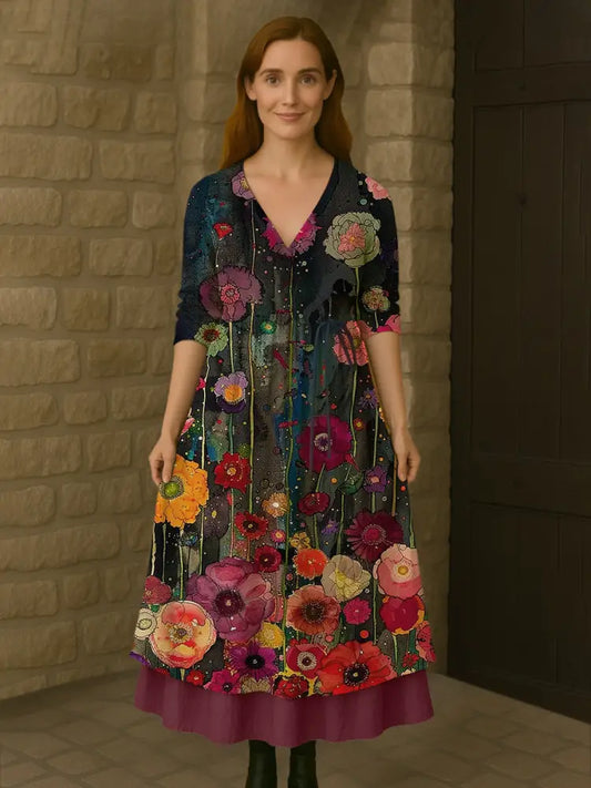 Retro Boho Floral Botany Print Vintage V-Neck Double Hemline Cotton Long Sleeve Midi Dress