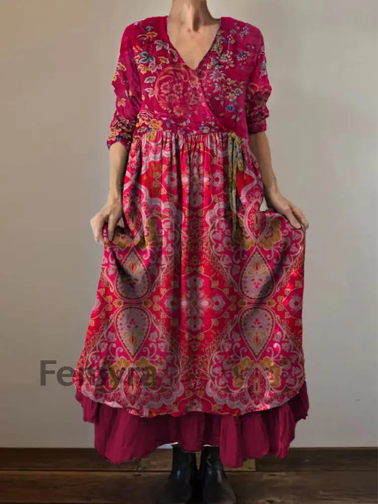 Retro Boho Floral Botany Print Vintage V-Neck Double Hemline Cotton Long Sleeve Midi Dress A / S
