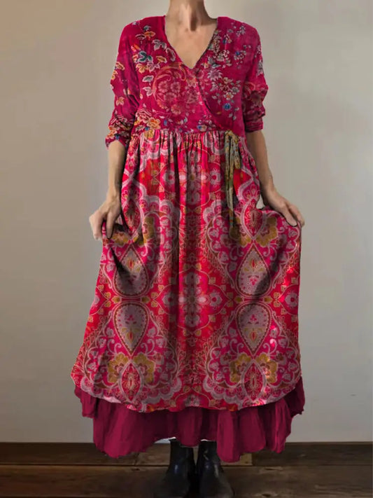 Retro Boho Floral Botany Print Vintage V-Neck Double Hemline Cotton Long Sleeve Midi Dress A / S