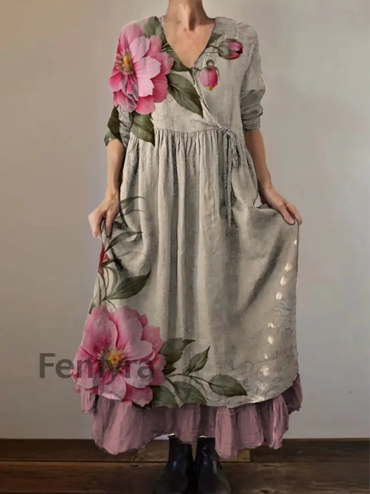 Retro Boho Floral Botany Print Vintage V-Neck Double Hemline Cotton Long Sleeve Midi Dress A / S