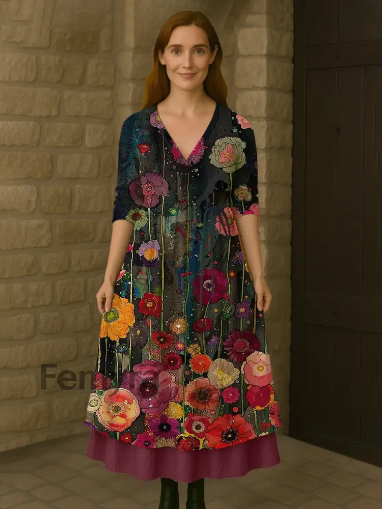 Retro Boho Floral Botany Print Vintage V-Neck Double Hemline Cotton Long Sleeve Midi Dress