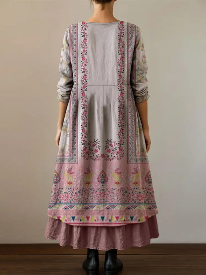 Retro Boho Floral Print Vintage V-Neck Double Hemline Cotton Long Sleeve Midi Dress