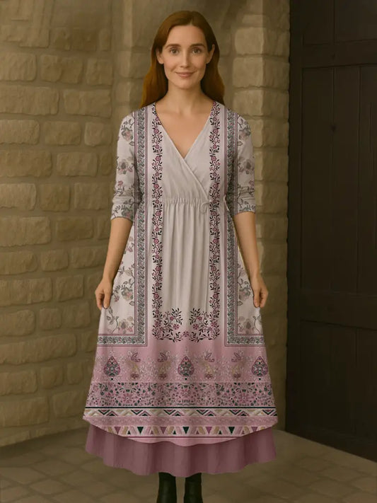 Retro Boho Floral Print Vintage V-Neck Double Hemline Cotton Long Sleeve Midi Dress