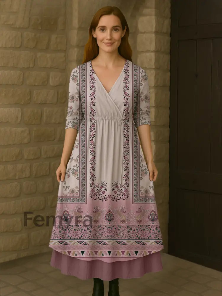Retro Boho Floral Print Vintage V-Neck Double Hemline Cotton Long Sleeve Midi Dress