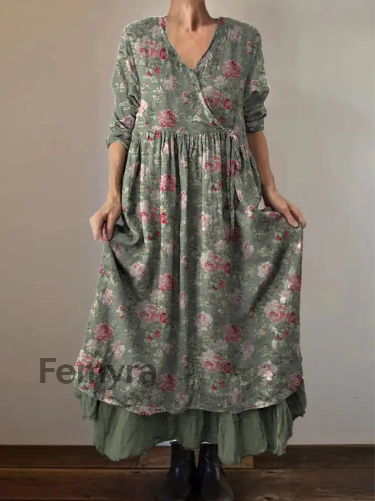 Retro Boho Floral Print Vintage V-Neck Double Hemline Cotton Long Sleeve Midi Dress A / S