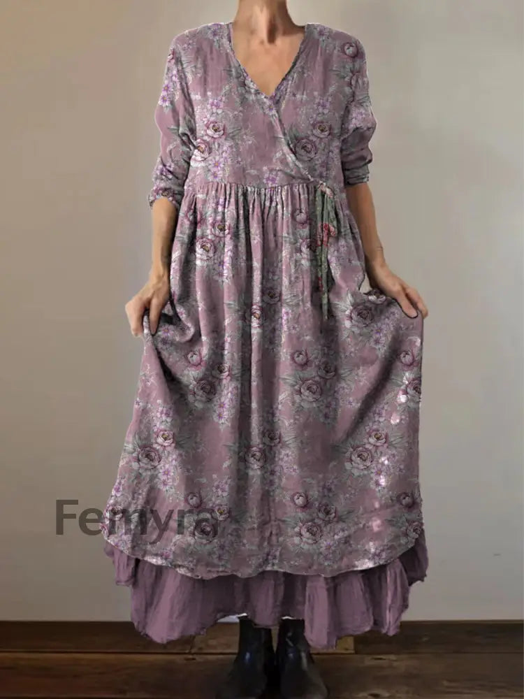 Retro Boho Floral Print Vintage V-Neck Double Hemline Cotton Long Sleeve Midi Dress A / S