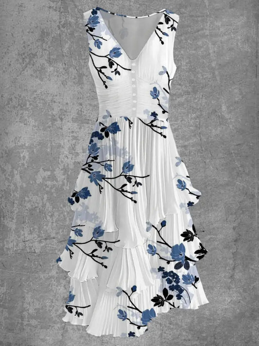 Retro Floral Art Print Sleeveless V-Neck Button Up Elegant Chic Flowing Midi Dress A / S