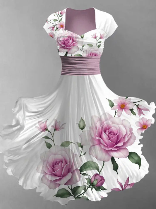 Retro Floral Art Printed Vintage V-Neck Pleated Waist Short Sleeve Midi Dress A / S