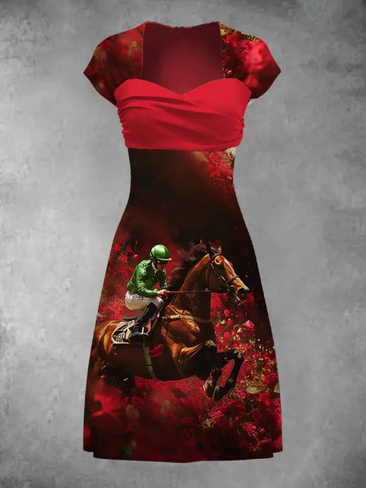 Retro Horse Racing Floral Art Print Casual Short Sleeve Dress A / S
