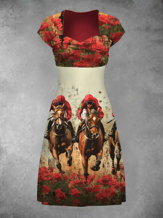 Retro Horse Racing Floral Art Print Casual Short Sleeve Dress A / S