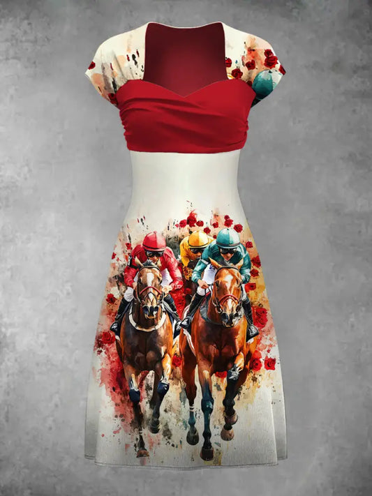 Retro Horse Racing Floral Art Print Casual Short Sleeve Dress A / S