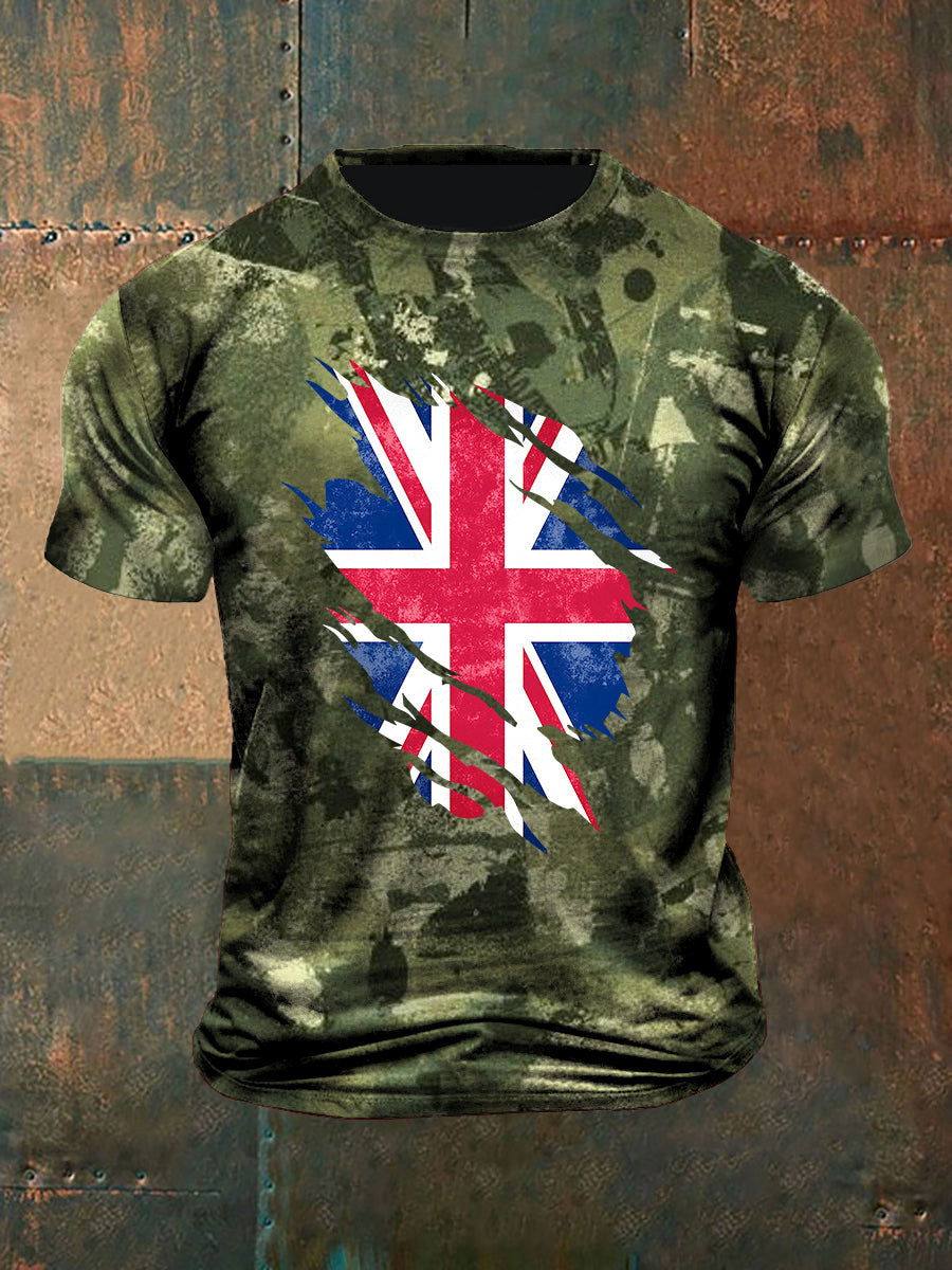Unisex Vintage Veteran Camouflage British Flag Abstract Print Casual Cotton Short Sleeve T-Shirt