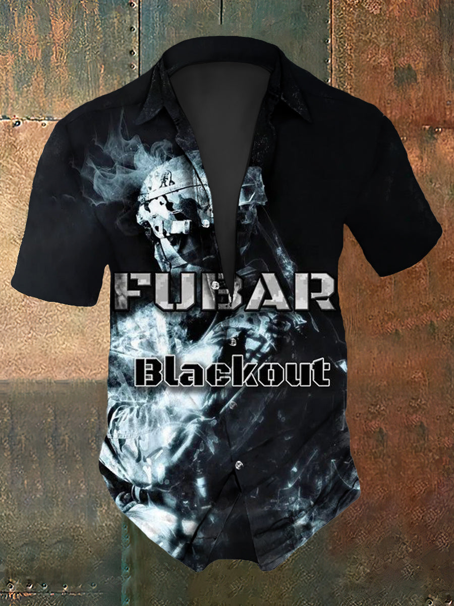 Men's  Vintage British Fubar Blackout Abstract Print Casual Cotton Short Sleeve Shirt