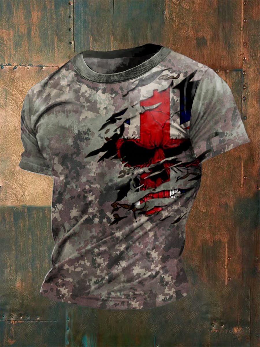 Unisex Vintage Veteran Camouflage Skull UK Flag Abstract Print Casual Cotton Short Sleeve T-Shirt