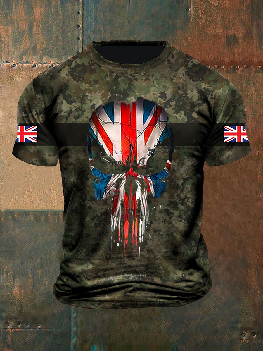 Unisex Vintage Veteran Camouflage Skull UK Abstract Print Casual Cotton Short Sleeve T-Shirt