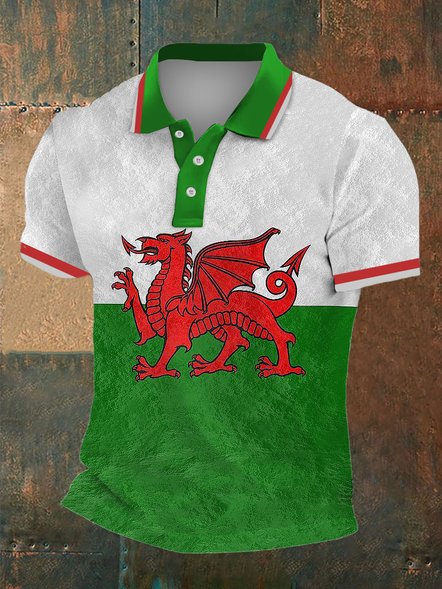 Men's Welsh Flag Print Polo Neck Plunger Short Sleeve T-Shirt