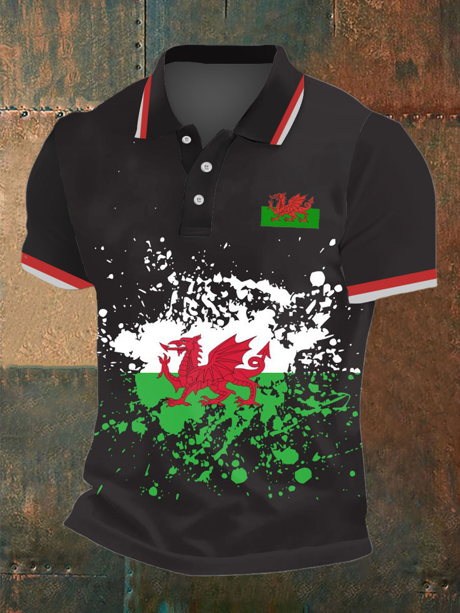 Men's Welsh Flag Print Polo Neck Plunger Short Sleeve T-Shirt