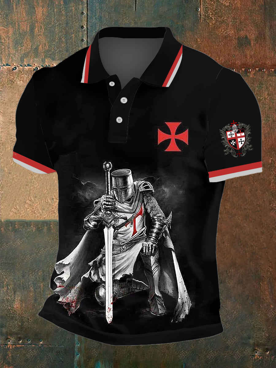 Men's The Crusader Print Polo Neck Plunger Short Sleeve T-Shirt