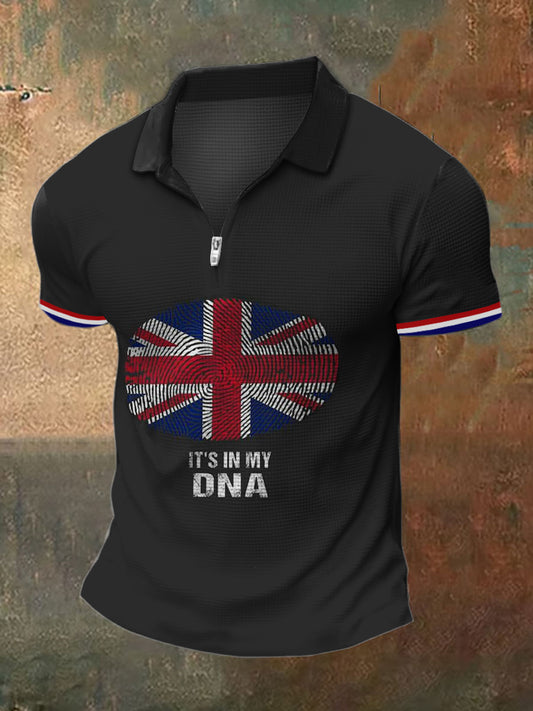 Men's British Flag Fingerprint Print Polo Neck Plunger Short Sleeve T-Shirt