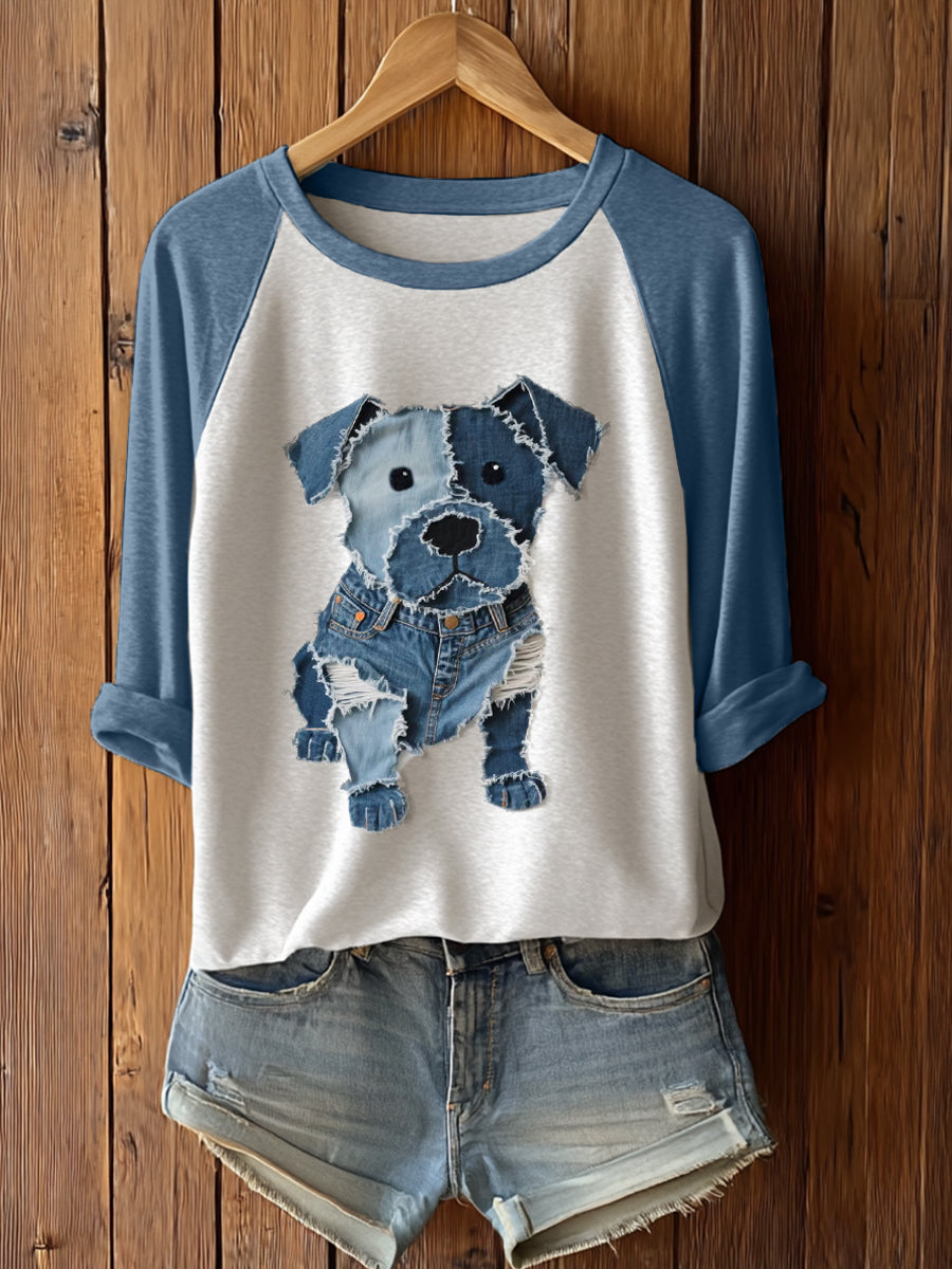 Women's Cute Dog Patchwork Art Long Sleeve T-Shirt