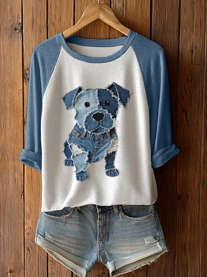 Women's Cute Dog Patchwork Art Long Sleeve T-Shirt