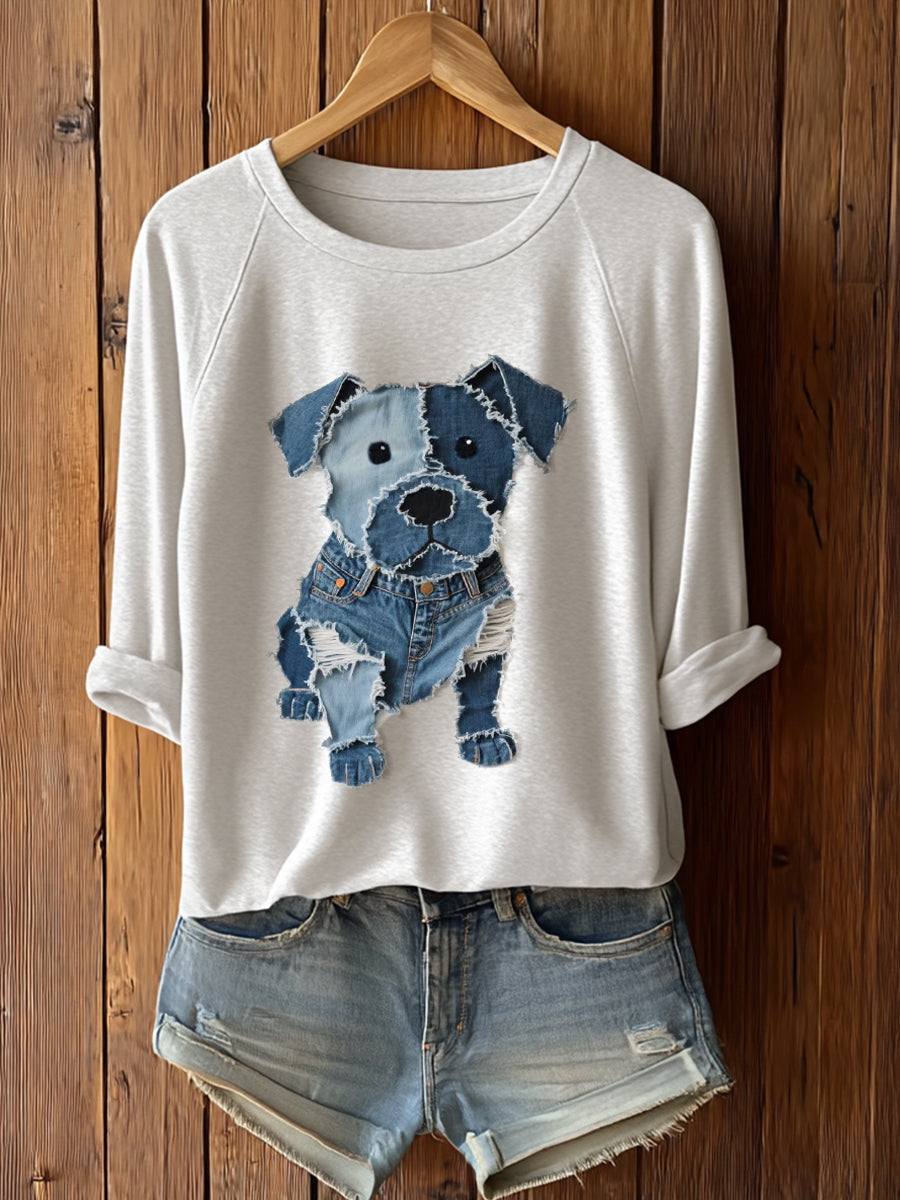Women's Cute Dog Patchwork Art Long Sleeve T-Shirt