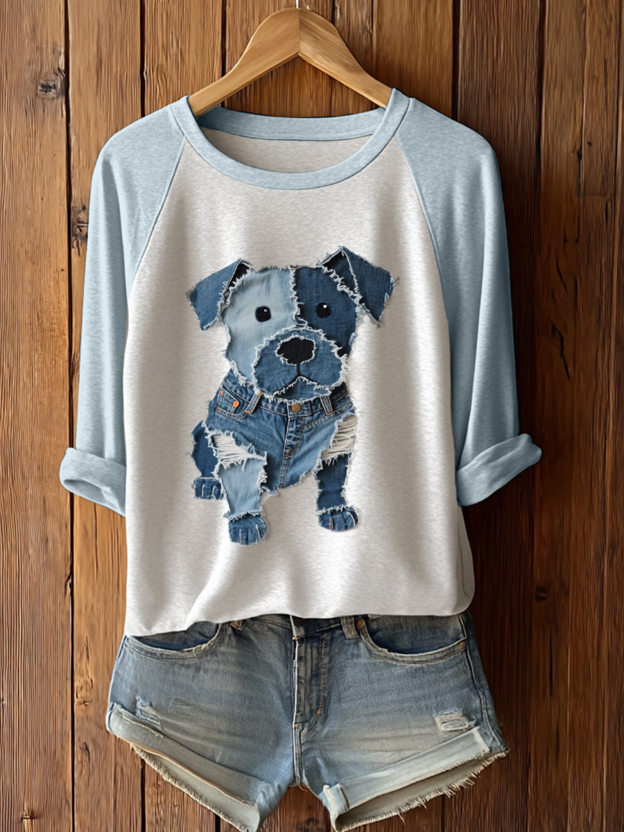 Women's Cute Dog Patchwork Art Long Sleeve T-Shirt