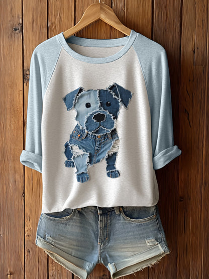 Women's Cute Dog Patchwork Art Long Sleeve T-Shirt