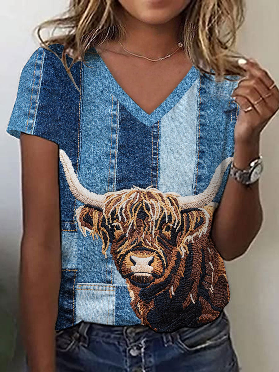 Women's Denim Highland Cow T-shirt