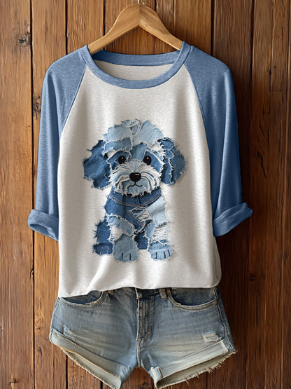 Women's Cute Dog Patchwork Art Long Sleeve T-Shirto