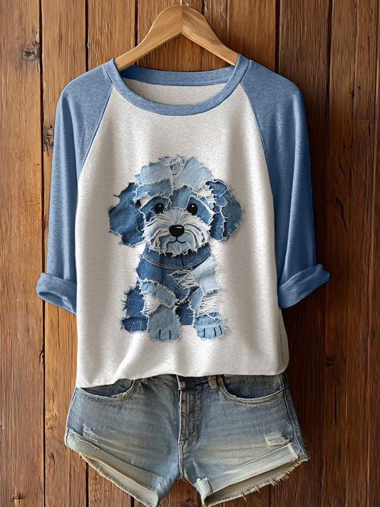 Women's Cute Dog Patchwork Art Long Sleeve T-Shirto