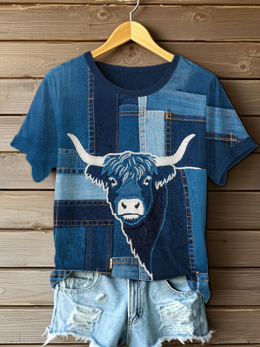 Women's Denim Highland Cow T-shirt