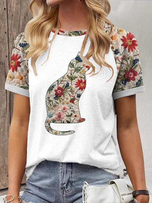 Women's Floral Cat Print Casual T-Shirt