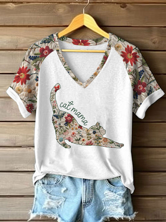 Women's Floral Cat Print Casual T-Shirt