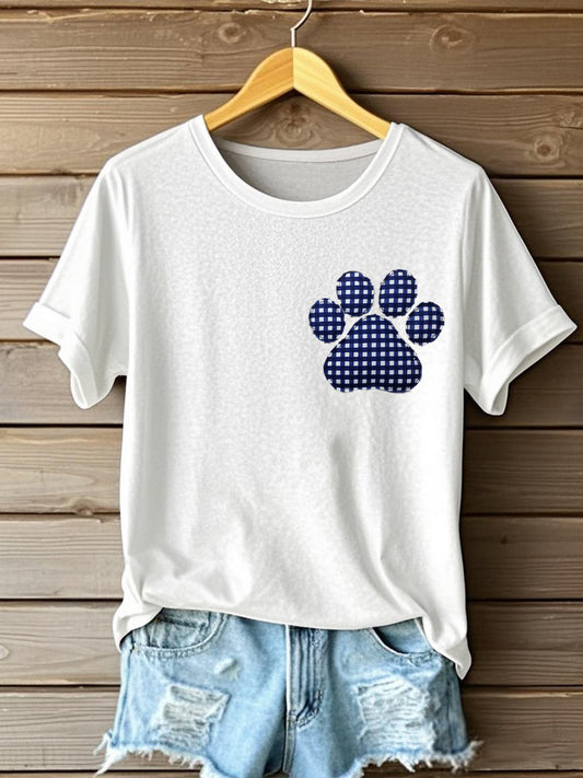 Women's Vintage Plaid Paw Patchwork Art T-Shirt