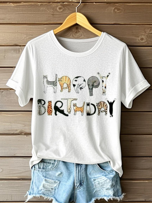 Women's Funny Cat Art Print Short Sleeve T-Shirt