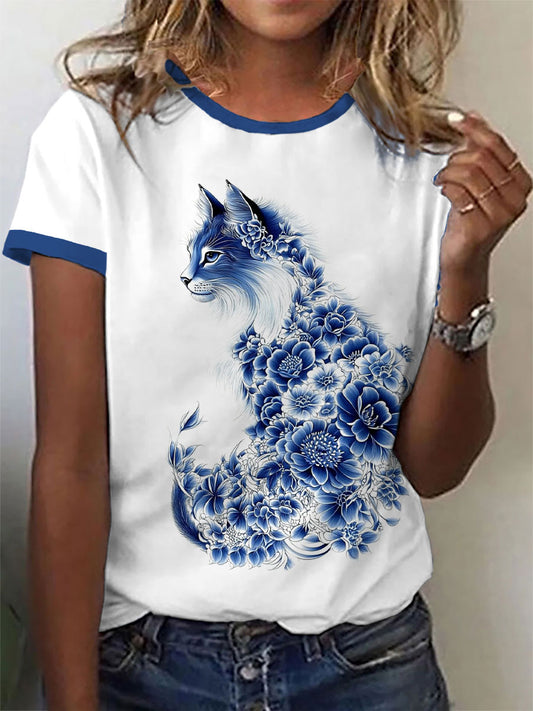 Women's Floral Cat Print Casual T-Shirt