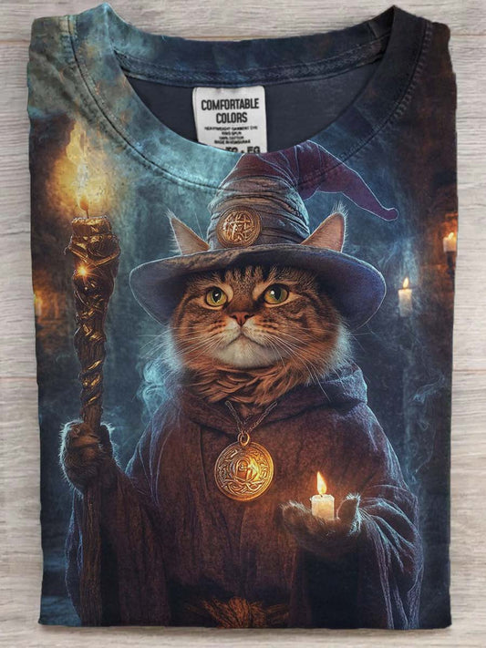Halloween Wizard Cat Print Casual Short Sleeve T-Shirt