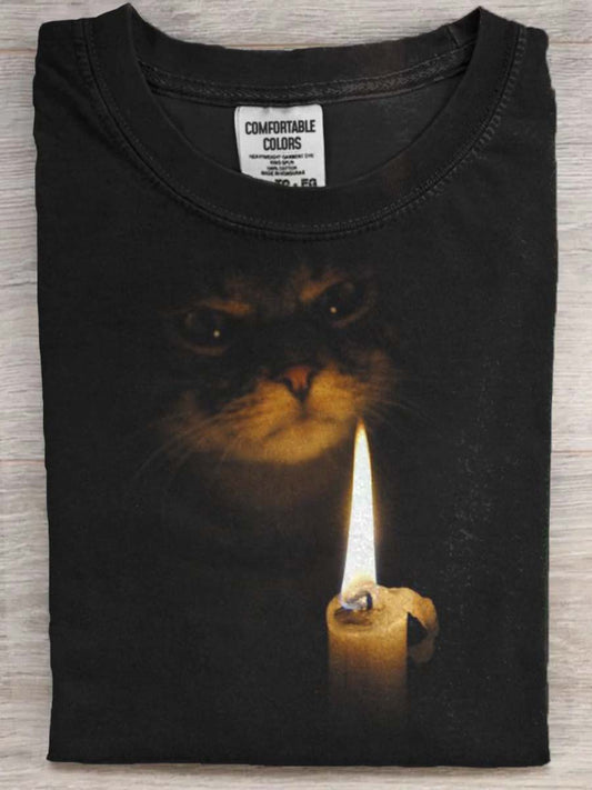 Halloween Cat Print Casual Short Sleeve T-Shirt