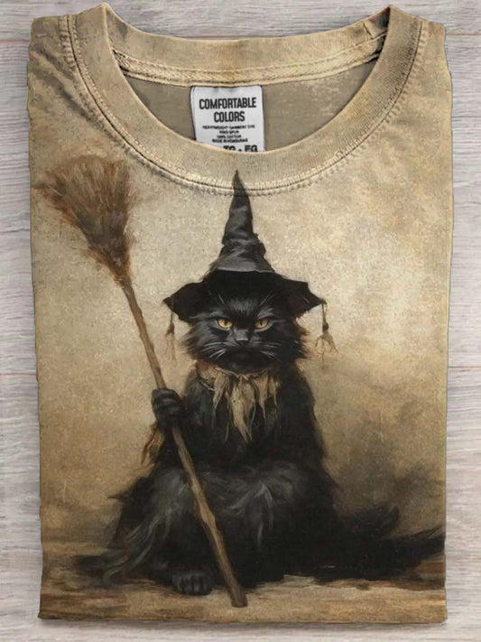 Halloween Black Cat Wizard Print Casual Short Sleeve T-Shirt