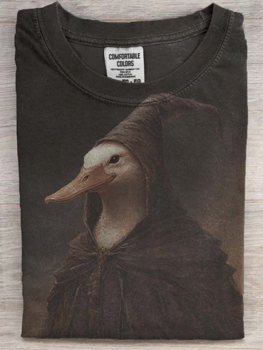 Vintage Halloween Duck Wizard Print Casual Short Sleeve T-Shirt