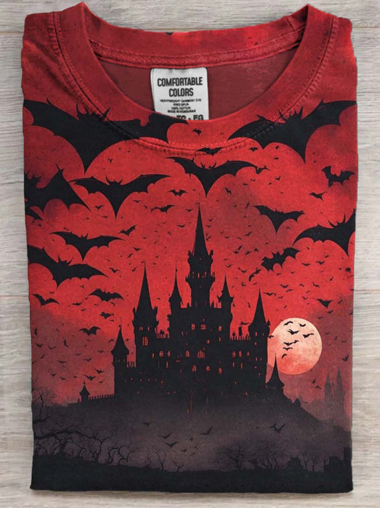 Halloween Castle Print Casual Short Sleeve T-Shirt