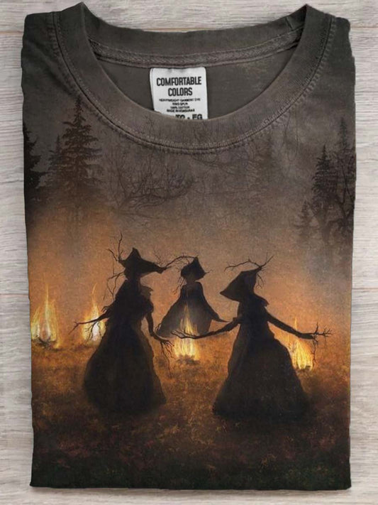 Halloween Witch Bonfire Print Casual Short Sleeve T-Shirt