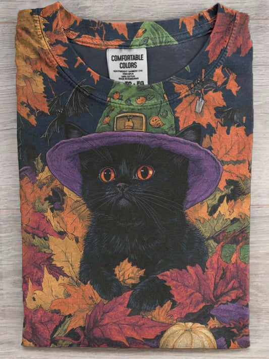 Halloween Black Cat Wizard Print Casual Short Sleeve T-Shirt